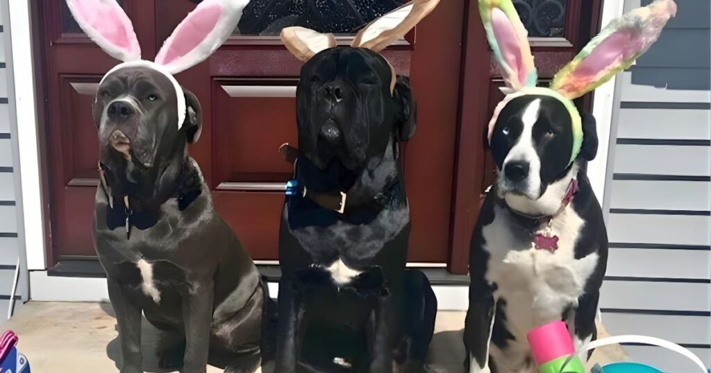 Spice with her former sibling dogs Faith and Bustah wearing Easter bunny ears on the house steps, symbolizing love, memory, and renewal after loss
